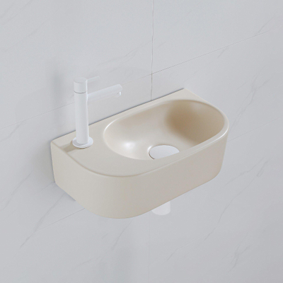 Fugaflow Efficiente Pietra Ensemble lave-mains – 40 x 21,5 x 12 cm – gauche – lisse – demi-rond – 1 trou pour robinet – céramique – robinet pour lave-mains blanc mat – bonde d’évacuation – siphon extra-plat – beige