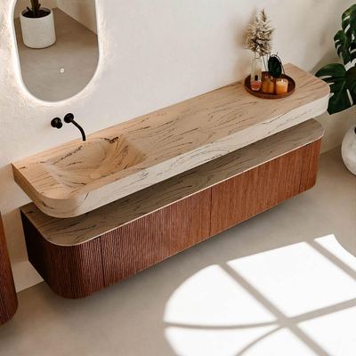 MONDIAZ THOR-DLUX 200cm meuble de salle de bains arrondi gauche + droite couleur Ruby avec 2 tiroirs et 2 portes. Vasque suspendue CLOUD Gauche sans trou de robinet couleur Arena.