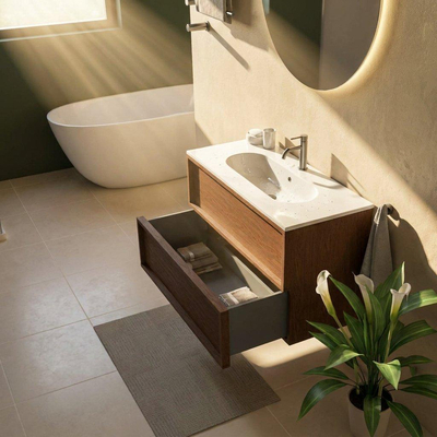 Saniclass Holz Frame Ensemble de meubles de salle de bains - 100x45x73.9cm - Vasque Chaci en céramique blanche - 1 vasque - 1 trou de robinet - 2 tiroirs - walnut pure mat (bois)