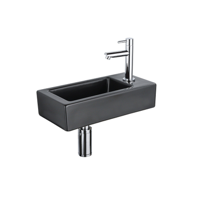 FugaFlow Efficiente Pietra Ensemble de fontaine - 37,5x18,5x9cm - céramique - trou de robinet à droite - robinet de fontaine chrome - bouchon de vidange - siphon abaissé - Noir mat