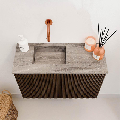 Mondiaz JOYA-DLUX 60cm meuble de toilette - couleur Walnut - Vasque FAYE position Gauche Sans trou de robinet couleur Oza.