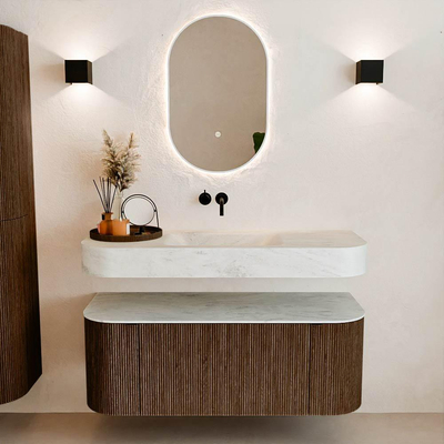 MONDIAZ THOR-DLUX 120cm badmeubel ronding links + rechts kleur Walnut met 1 lade en 2 deuren. Vrijhangende wastafel CLOUD Midden zonder kraangat kleur Opalo.