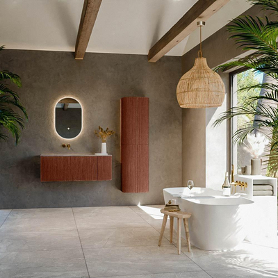 MONDIAZ KURVE-DLUX Meuble de salle de bains 115cm arrondi à droite couleur Ruby avec 1 tiroir et 1 porte. Lavabo BIG SMALL à gauche sans trou de robinet Oza.