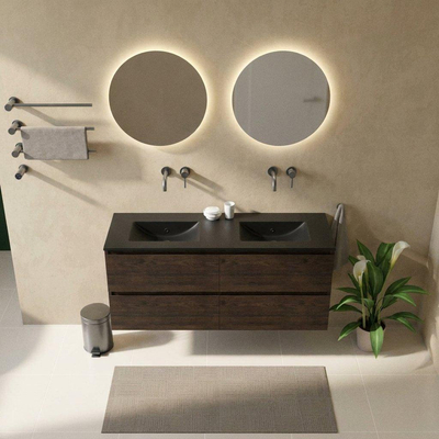 Saniclass Holz Pure Ensemble de meubles de salle de bains - 140x45x62cm - lavabo Vygo en céramique noir - 2 vasques - sans trous de robinet - 4 tiroirs - chêne charcoal mat (bois)