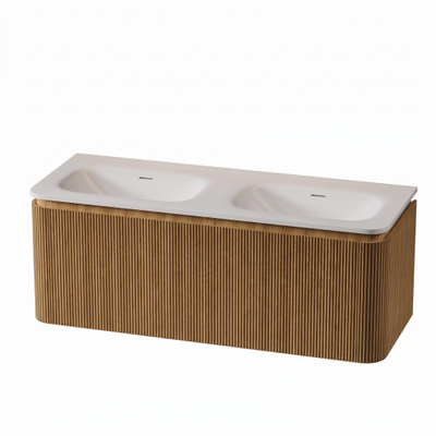Royal Plaza Terra Edge Ensemble meuble de salle de bains - 120x44.7x46cm - vasque en solid surface blanc mat - 2 vasques - sans trous de robinet - 2 tiroirs - sandwood (chêne clair)