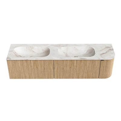 MONDIAZ KURVE-DLUX 175cm badmeubel met module 25 R kleur Oak met 2 lades en 1 deur. Wastafel STOR SMALL dubbel / links 2 kraangaten kleur Frappe.