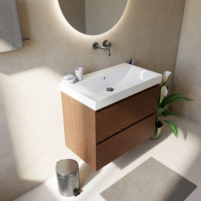 Saniclass Holz Pure Ensemble meuble de salle de bains - 80x45x67.5cm - Lavabo Wave en céramique - 1 vasque - sans trou de robinet - 2 tiroirs - walnut pure mat (bois)
