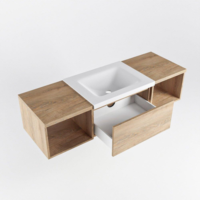 MONDIAZ BUKLA 140cm ensemble de meuble avec module ouvert 40 L+R couleur Chêne blanchi avec 2 tiroirs. Lavabo CLOUD centre 1 trou de robinet couleur Talc.
