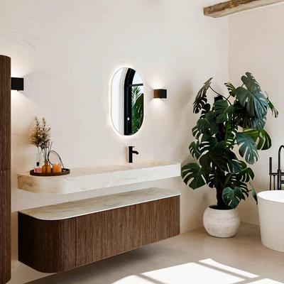 MONDIAZ THOR-DLUX Meuble de salle de bains 160cm arrondi gauche + droite couleur Walnut avec 1 tiroir et 2 portes. Vasque suspendue CLOUD Droite 1 trou de robinet couleur Ostra.