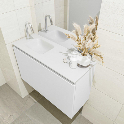 MONDIAZ OLAN Fonteinset - 80x30x40cm - 1 kraangat - 1 lade - talc mat - wasbak links - Solid Surface Wit