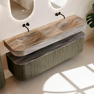 MONDIAZ THOR-DLUX Meuble de salle de bains 170cm arrondi gauche + droite couleur Shadow avec 1 tiroir et 2 portes. Vasque suspendue CLOUD Double sans trou de robinet couleur Oza.