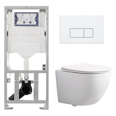 QeramiQ Dely Swirl Compact Toiletset - inbouwreservoir Geberit UP320 - met Burda frame - slim zitting - kunststof bedieningsplaat glans wit - rechthoekige knoppen - glans wit