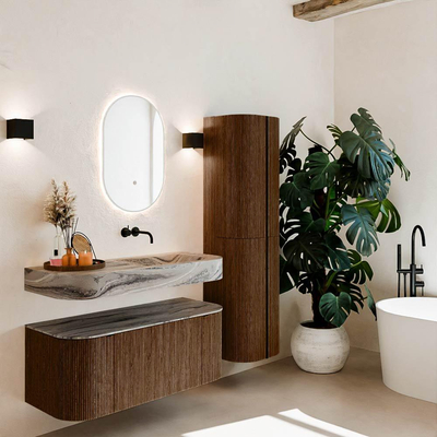 MONDIAZ THOR-DLUX 110cm badmeubel ronding links + rechts kleur Walnut met 1 lade en 2 deuren. Vrijhangende wastafel CLOUD Rechts zonder kraangat kleur Sombra.