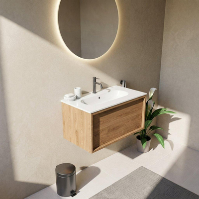 Saniclass Holz Frame Ensemble de meubles de salle de bains - 80x45x53.9cm - lavabo en céramique Chaci blanc - 1 vasque - 1 trou de robinetterie - 1 tiroir - chêne natural mat (bois)