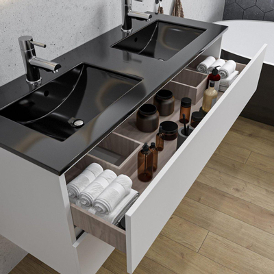 Adema Chaci Ensemble de meuble - 120x46x57cm - 2 vasques en céramique noire - 2 trous de robinet - 2 tiroirs - armoire de toilette - blanc mat