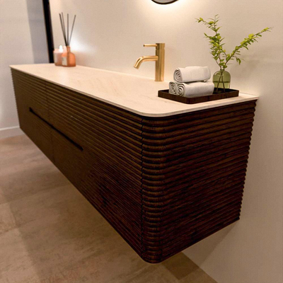 Mondiaz CIRO-DLUX Badkamermeubelset - 190x45x50cm - Solid surface wastafel Meli - 1 wasbak Rechts - 1 kraangat - 4 lades - Walnut