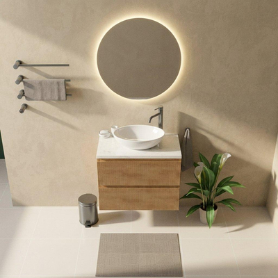 Saniclass Holz Atelier Ensemble meuble de salle de bains - 80x45x63cm - Plan vasque en marbre Dia poli (blanc) - 1 trou de robinetterie - 2 tiroirs - chêne natural mat (bois)