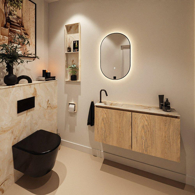 MONDIAZ TURE-DLUX Meuble toilette - 100cm - Washed Oak - EDEN - vasque Frappe - position gauche - 1 trou de robinet