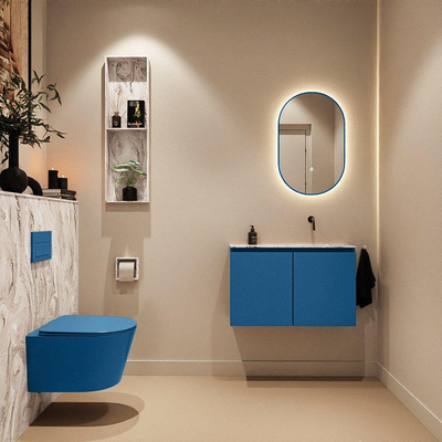 MONDIAZ TURE-DLUX Meuble toilette - 80cm - Jeans - EDEN - vasque Glace - position droite - sans trou de robinet