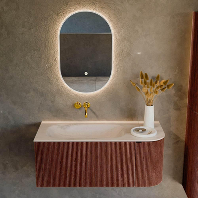 MONDIAZ KURVE-DLUX Meuble de salle de bains 105cm arrondi à droite couleur Ruby avec 1 tiroir et 1 porte. Lavabo BIG SMALL gauche sans trou de robinet Meli.