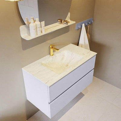 Mondiaz VICA-DLUX Ensemble de meuble de salle de bain - 90cm - meuble sous-vasque cale - 2 tiroirs - lavabo encastré cloud milieu - 1 trou de robinet - version haute de 60cm - opalo