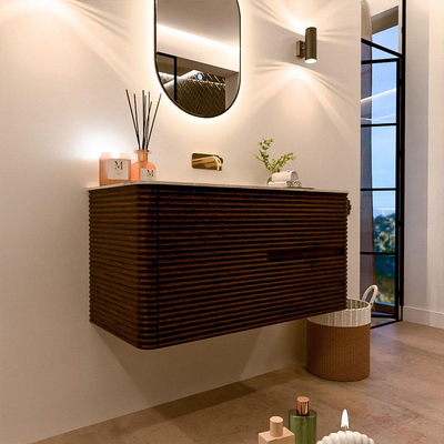 Mondiaz CIRO-DLUX Meuble de salle de bains - 100x45x50cm - vasque solid surface Frappe - 1 lavabo au milieu - sans trous de robinet - 2 tiroirs - Noyer