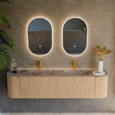 MONDIAZ KURVE-DLUX Meuble de salle de bains 180cm arrondi Gauche + Droite couleur Chêne avec 2 tiroirs et 2 portes. Lavabo LEAF Double 2 trous de robinet Oza.