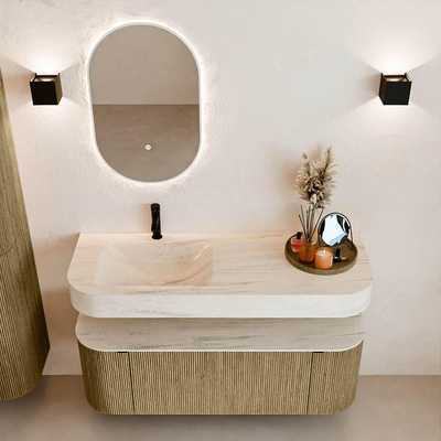 MONDIAZ THOR-DLUX Meuble de salle de bains 130cm arrondi gauche + droite couleur Dusk avec 1 tiroir et 2 portes. Vasque suspendue CLOUD Gauche 1 trou de robinet couleur Meli.