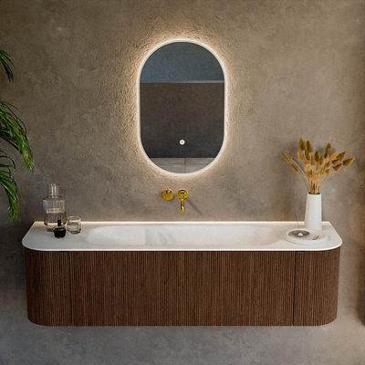 MONDIAZ KURVE 160cm Meuble salle de bain avec module 25 G et D - couleur Walnut - 1 tiroir - 2 portes - vasque BIG MEDIUM centre - sans trous de robinet - Talc