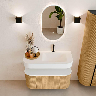MONDIAZ THOR 100cm meuble de salle de bains arrondi gauche + droite couleur Oak avec 1 tiroir et 2 portes. Vasque suspendue CLOUD Droite 1 trou de robinet couleur Talc.