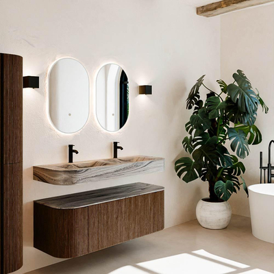 MONDIAZ THOR-DLUX 130cm meuble de salle de bains arrondi gauche + droite couleur Walnut avec 1 tiroir et 2 portes. Vasque suspendue CLOUD Double 2 trous de robinet couleur Sombra.