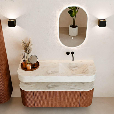 MONDIAZ THOR-DLUX 130cm meuble de salle de bains arrondi gauche + droite couleur Ruby avec 1 tiroir et 2 portes. Vasque suspendue CLOUD droite sans trou de robinet couleur Ostra.