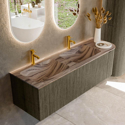 MONDIAZ KURVE-DLUX Meuble de salle de bains 145cm arrondi à droite couleur Shadow avec 1 tiroir et 1 porte. Lavabo LEAF Double / Gauche 2 trous de robinet Sombra.