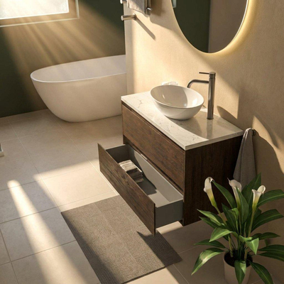 Saniclass Holz Pure Ensemble de meubles de salle de bains - 100x45x63cm - Plan vasque en marbre Dia poli (blanc) - 1 trou de robinet - 2 tiroirs - chêne charcoal mat (bois)