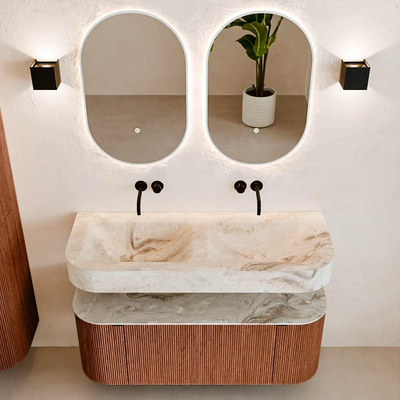 MONDIAZ THOR-DLUX 120cm badmeubel ronding links + rechts kleur Ruby met 1 lade en 2 deuren. Vrijhangende wastafel CLOUD Dubbel zonder kraangat kleur Frappe.