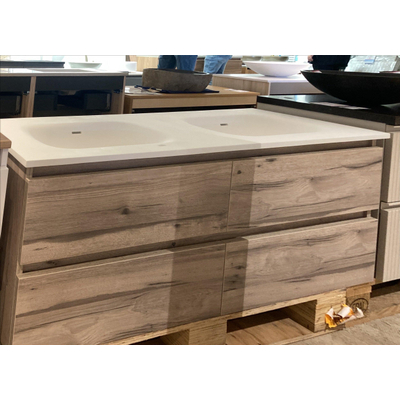 BRAUER Solution Wastafelonderkast - 140x46x50cm - 4 softclose greeploze lades - 2 sifonuitsparing - MFC - Birch inclusief Saniclass flow wastafel mat wit. - OUTLET UDEN