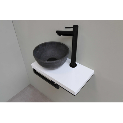 Proline Pack lave-mains 40x23cm avec vasque céramique pierre de taille gauche, plan blanc et robinet, sipon et bonde noir mat