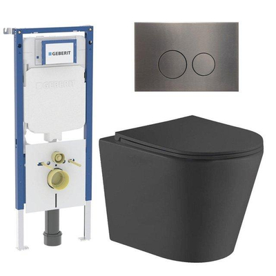 QeramiQ Dely Toiletset - 36.3x51.7cm - diepspoel - rimless - Geberit UP720 inbouwreservoir - softclose toiletzitting - gunmetal bedieningsplaat - ronde knoppen - met Burda frame - mat zwart
