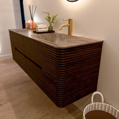 Mondiaz CIRO-DLUX Badkamermeubelset - 150x45x50cm - Solid surface wastafel Oza - 1 wasbak Rechts - 1 kraangat - 4 lades - Walnut