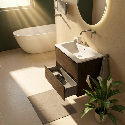 Saniclass Holz Pure Ensemble de meubles de salle de bains - 80x45x77.5cm - lavabo Torino en solid surface blanc - sans trou de robinet - 2 tiroirs - chêne charcoal mat (bois)