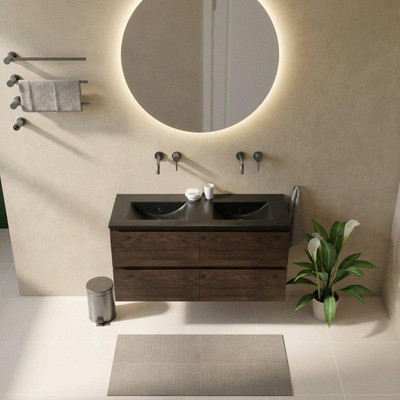 Saniclass Holz Pure Ensemble de meubles de salle de bains - 120x45x62cm - Vasque Vygo en céramique noire - 2 vasques - sans trous de robinetterie - 4 tiroirs - chêne charcoal mat (bois)