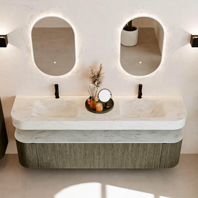 MONDIAZ THOR-DLUX Meuble de salle de bains - 190cm - arrondi gauche + droite - couleur Shadow - 2 tiroirs - 2 portes - Vasque suspendue CLOUD Double 2 trous de robinet - couleur Opalo