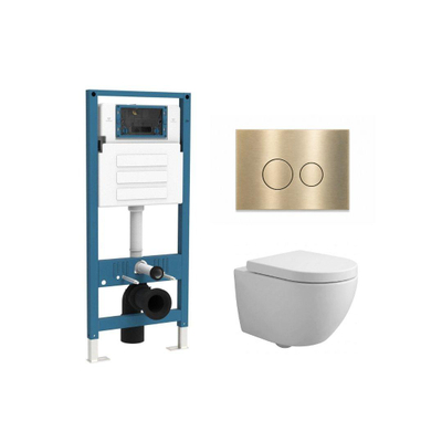 QeramiQ Dely Swirl Compact Ensemble WC - réservoir encastré QeramiQ flush - abattant 25 mm - plaque de commande métallique laiton brossé (or) - boutons ronds - blanc mat