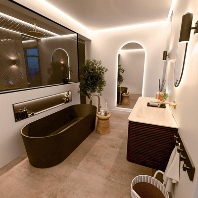 Mondiaz CIRO-DLUX Ensemble de meubles de salle de bains - 130x45x50cm - Plan vasque Solid surface Meli - 1 vasque à droite - sans trous de robinet - 4 tiroirs - Noyer