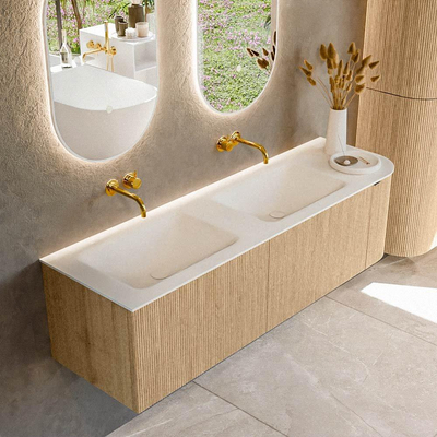 MONDIAZ KURVE 155cm Meuble salle de bain avec module 25 D - couleur Oak - 2 tiroirs - 1 porte - vasque CLOUD double / gauche - sans trous de robinet - Talc