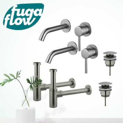 FugaFlow Eccelente Sobrado Badkamer Wastafelkraanset - voor dubbele wastafel - inbouw wastafelkraan - klikwaste plug - design sifon - PVD Geborsteld RVS -