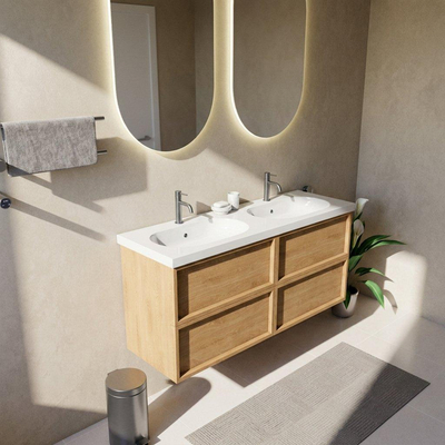 Saniclass Holz Frame Ensemble meuble de salle de bains - 140x45x63.5cm - vasque en céramique Palermo blanche - 2 lavabos - 2 trous de robinet - 4 tiroirs - chêne natural mat (bois)
