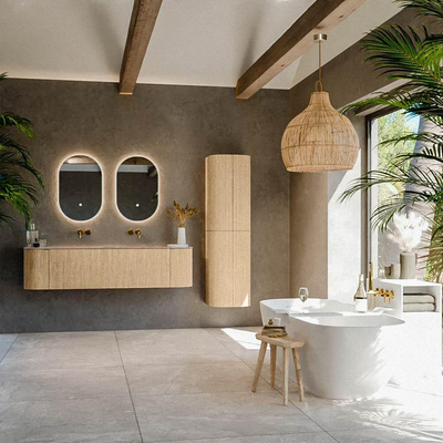 MONDIAZ KURVE-DLUX 170cm badmeubel ronding Links + Rechts kleur Oak met 1 lade en 2 deuren. Wastafel LEAF Dubbel zonder kraangat Arena.