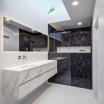 MONDIAZ VICA Ensemble de meuble salle de bain - 200cm - 4 tiroirs - lavabo Moon gauche - 0 trous de robinet - solid surface marbre carrara