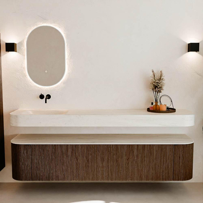 MONDIAZ THOR-DLUX 200cm meuble de salle de bains arrondi gauche + droite couleur Walnut avec 2 tiroirs et 2 portes. Vasque suspendue CLOUD Gauche sans trou de robinet couleur Meli.